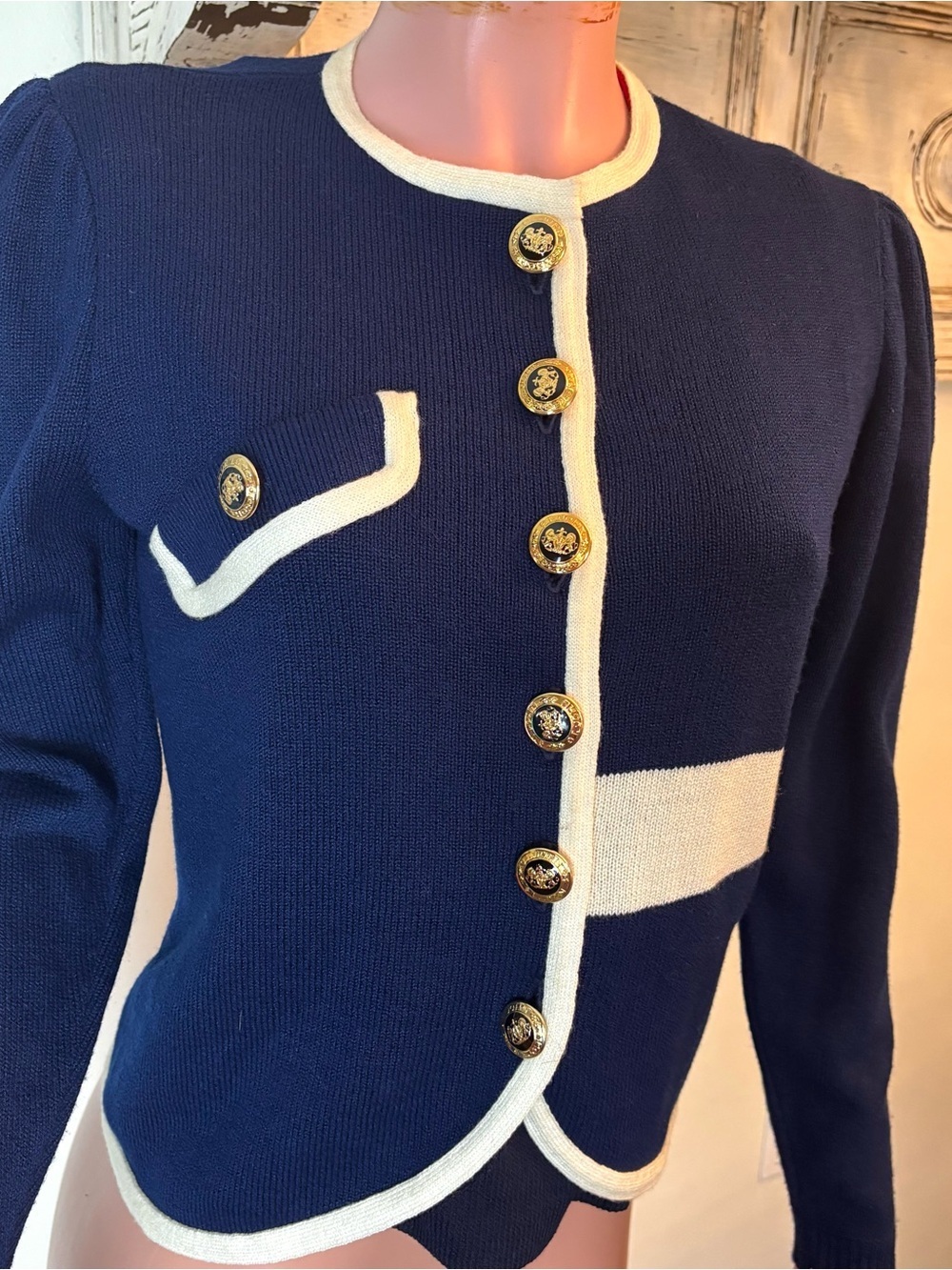 Vintage St John Nautical Blue White Knit Sweater W/Gold Buttons Small Old Money